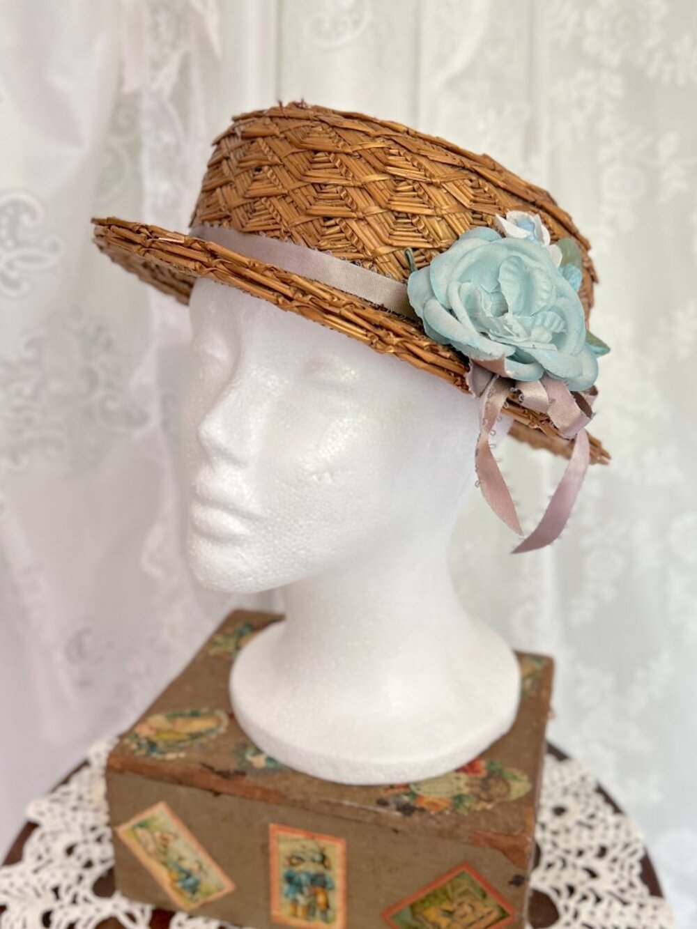 Vintage 40s Straw Hat, Woman's Woven Straw Boater with Blue Flower Embellishment